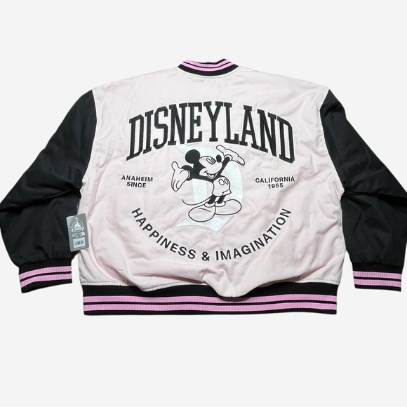 Disney Varsity Jacket Womens Mickey Mouse Pink Black Disneyland Lined Zip NEW - Picture 7 of 16